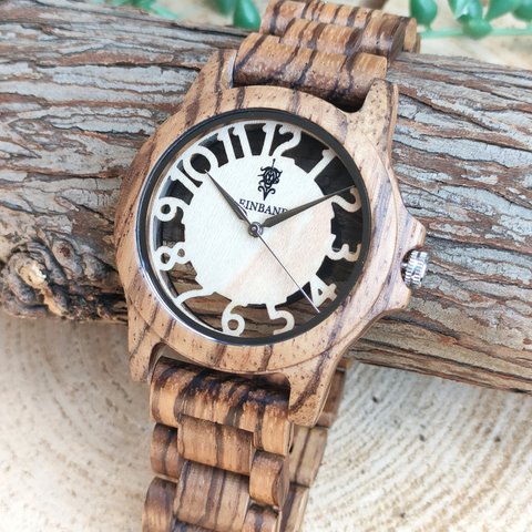 【木製腕時計】EINBAND Freiheit Zebrawood 木の時計 スケルトン ウッド ウォッチ【40mm】