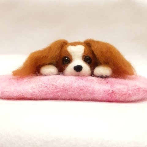 羊毛フェルトの犬　寝そべるキャバリア　枕付き