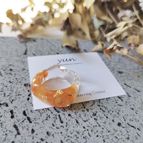 【韓国風】天然石 オレンジアベンチュリン  が入った 大ぶり リング/指輪 クリア 