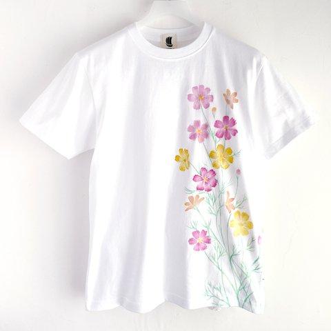 コスモス柄Tシャツ ホワイト 手描きで描いた秋桜柄Tシャツ  秋 白