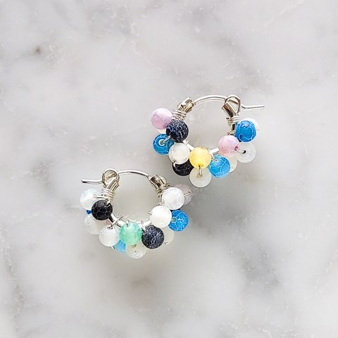 送料無料 SV925SF mix Agate pave pierced earring BLU フープピアス