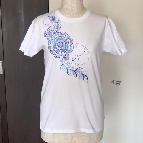 ■完売御礼■ WLサイズ／手描きTシャツ【白／曼荼羅】