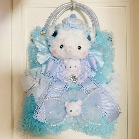 メルヘン🩵シャカシャカ持ち手✨ぬいぐるみ手提げ♡bag☆ゆめかわいい♡ベビー雑貨♡バレエ☆グッズ♡ロリータ☆ファンシー♡白クマ♡熊♡冬♡雪♡妖精♡天使♡ベア♡メンバーカラー♡推し活