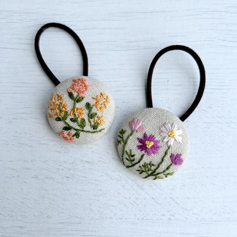 秋のお花の刺繍ヘアゴム　金木犀　秋桜