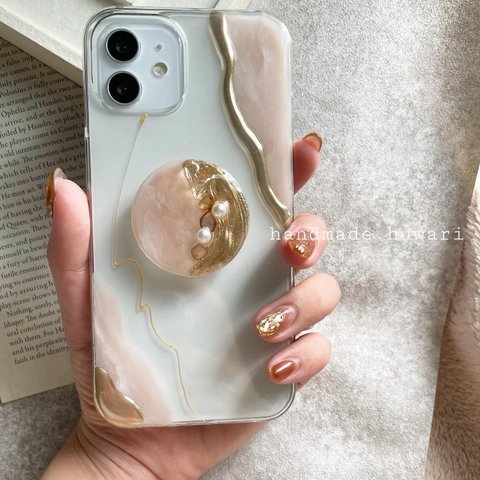 ✴︎新作✴︎ ニュアンスiPhoneケース　pink:beige×gold
