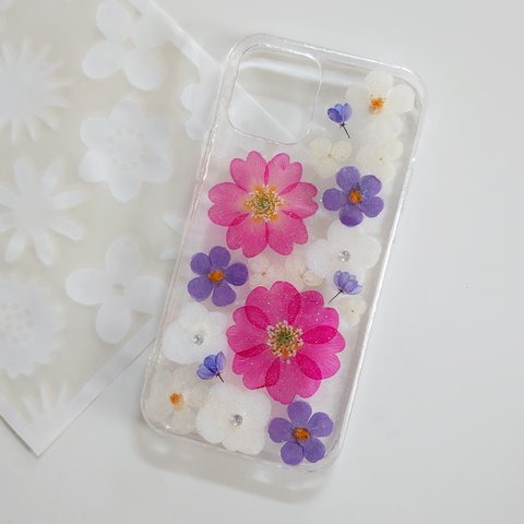 📱値下げしました2300円→1800円　スマホケース❀iPhone12❀ソフトケース❀押し花スマホケース❀ジュリアンとバコパ