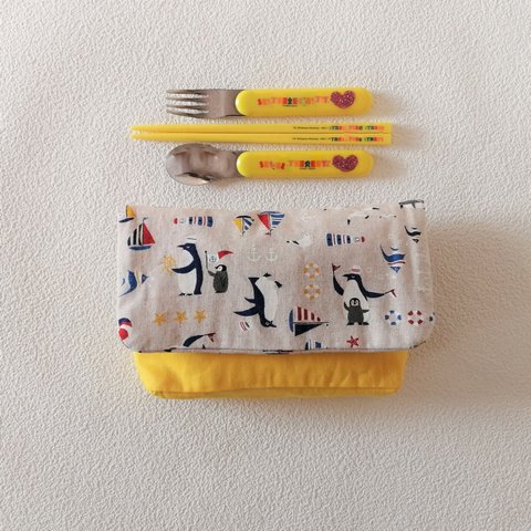 マリンなペンギン☆カトラリーポケット付きお弁当袋（横入れ封筒型）
