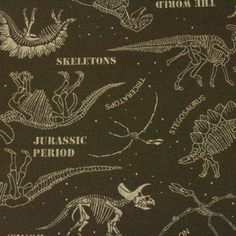 ラミネート生地　カッコいい恐竜柄　恐竜の骨柄　濃いモスグリーン×ベージュ色　Ｒー１２３　1０7㎝幅×50㎝　 つやなし