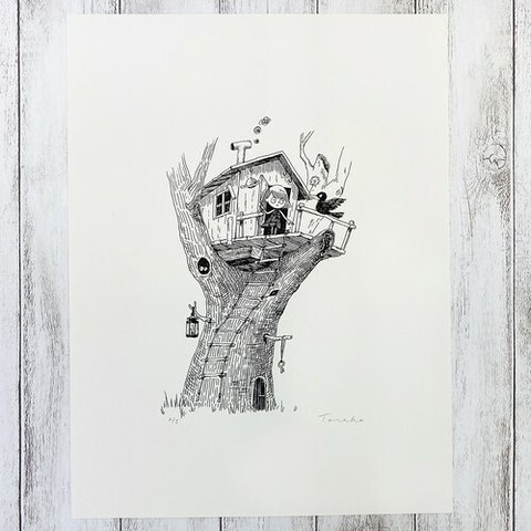 イラスト シルクスクリーン "Tree house"