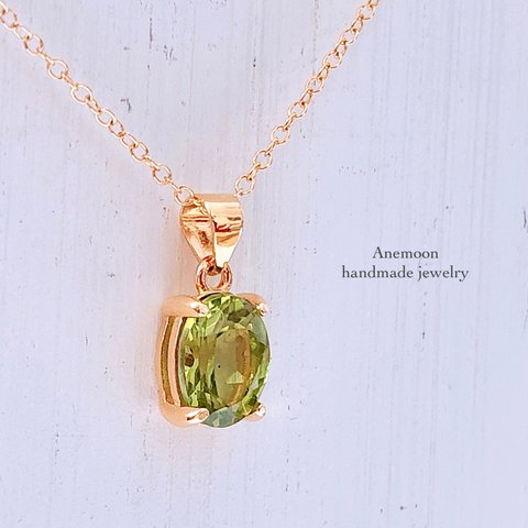 宝石質ペリドット14kgf製ネックレス 約40cm 8×6mm 8月誕生石 Peridot necklace