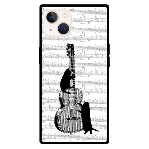 (iPhone用)ギターと黒猫のスマホケース/強化ガラス