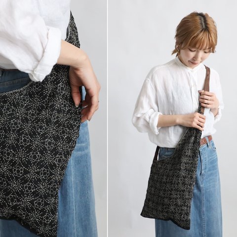 新作　Ｌサイズ　リネン生地に木綿白糸を 刺し子刺繍　七宝繋ぎ　斜め袈裟掛け鞄　トートバッグ　肩掛け　アンティークビーズ　革レザー　P16B