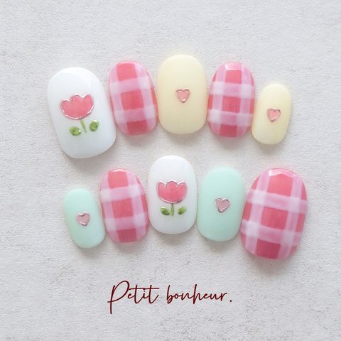 再販❋丸みチューリップ🌷とギンガムチェックのSpringNAIL