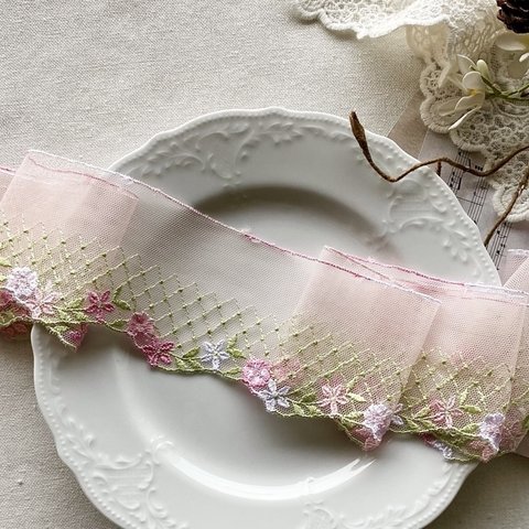 1m 美しい 花 フラワー刺繍 チュールレース BK220311 ピンク系 ハンドメイド 手芸 素材 材料 DIY
