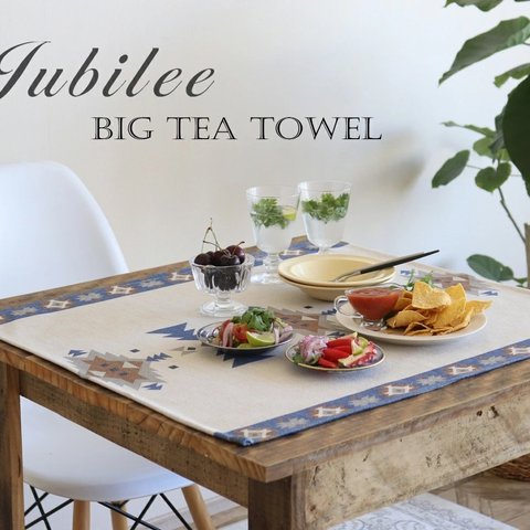 コットンリネン オリジナル ビッグティータオル 70×60cm ブルーキリム  jubileeteatowelBT106