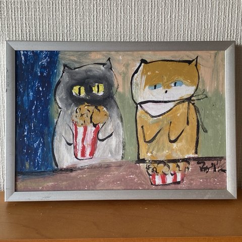 絵画。原画【2匹の猫が一緒に辛い美味しいチキンナゲットを食べます】