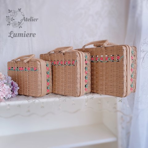 〜Panier de coffre ajoure〜パニエ・ド・コフレ・アジュール・透かし模様のトランクバスケット【ナチュラル×コーラルピンク】Sサイズ