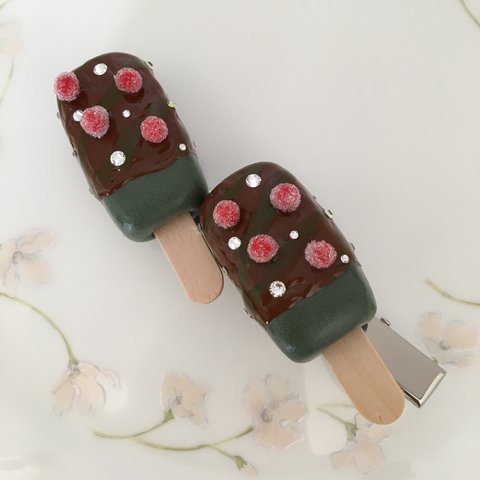 《サービス価格》宇治抹茶アイスのヘアクリップ♡砂糖菓子とスワロ♡９.6cm