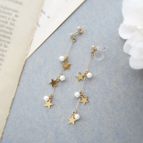 Three Star×Pearl earring／pierce(ゴールド)*3707*