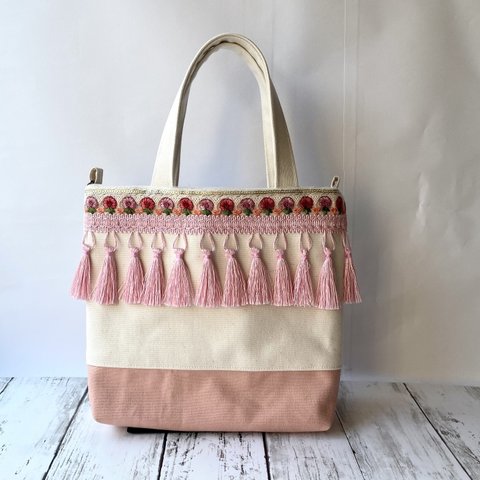 【母の日ギフト】ピンクの小花 インド刺繍リボン フリフリフリンジトートバッグ