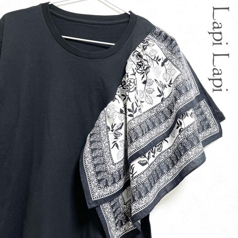 【新作1点物】一枚でインパクト大！インド綿フリルドッキング Tシャツ ブラック