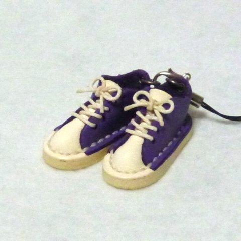 ミニチュア靴のストラップ／スニーカ／紫／白／白底
