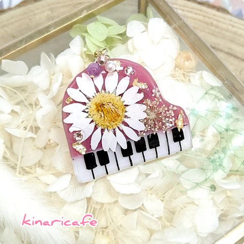 デイジーの 押し花🌼ピアノ🎹ブローチ〔ピンクサファイア〕