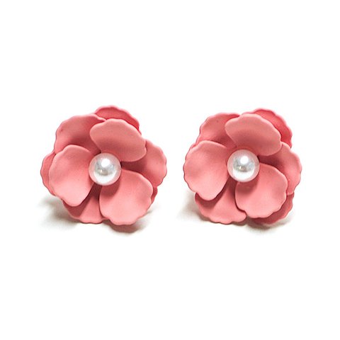 再販【1ペア】Anemoneビンテージピンクカラーパール付き花チタン芯ピアス