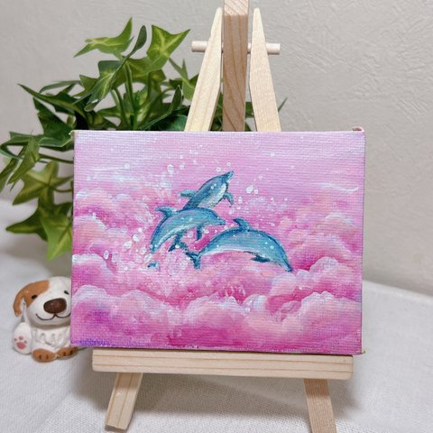 【ピンクの雲とイルカの絵】　小さい絵　絵　イルカの絵