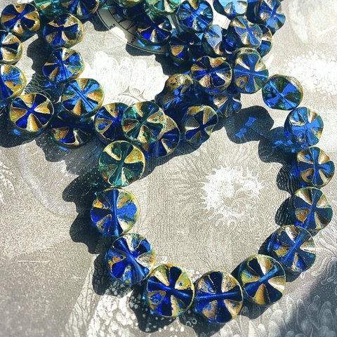 【4コセット】JIRI＊IVANA #czech beads#チェコビーズcross14㎜ cobalt blue/picasso