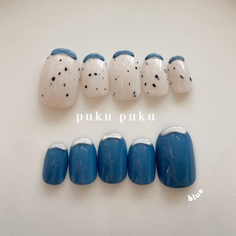 puku puku french -blue- ｜ フレンチネイル　青　ダルメシアン　推しネイル　推しカラー　ネイル　ネイルチップ