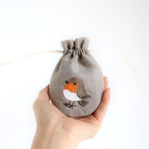 【野鳥図鑑シリーズ】ヨーロッパコマドリさんの刺繍リネンミニ巾着