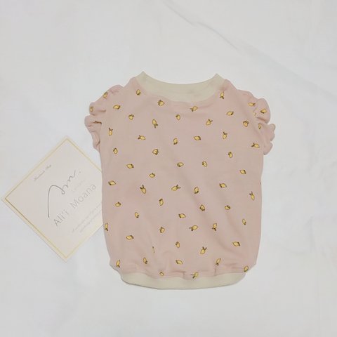 【lemon relax frill tank】ピンク　レモン柄　フレンチブル　タンクトップ　フリルタンク　ルームウェア　フレブル服　犬服