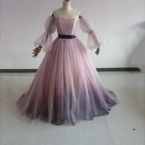 送料無料！ ブラウン 輝きな光彩を放つ キラキラチュールカラードレス 可愛い 編み上げ プリンセスドレスオーバード