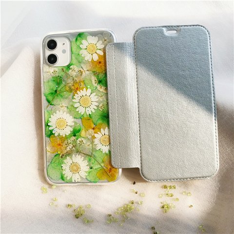  5色から選択 手帳型 押し花スマホケース iPhone15・14 Pro・SE2・11 iPhoneケース【イエロー グリーン ホワイト系】