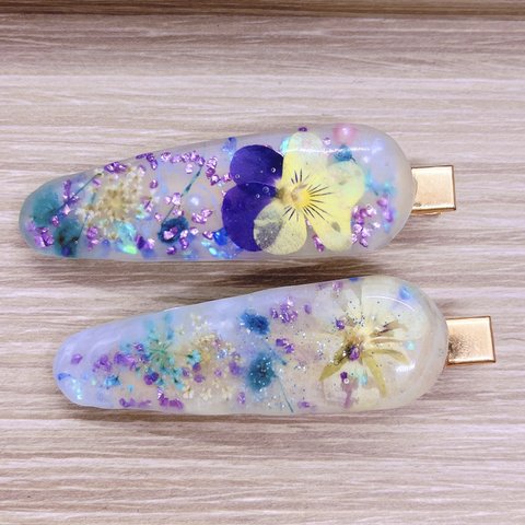 ビオラ×かすみ草 押し花 レジンヘアクリップセット