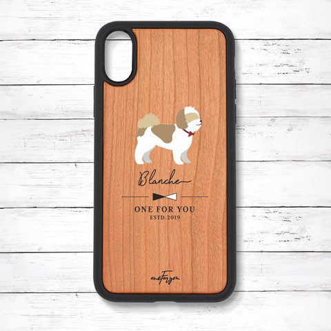 【名入れ可能】シーズー ゴールド&ホワイト(Simple) 衝撃吸収タイプ 木製iPhoneケース