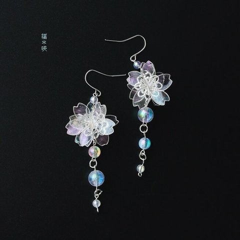  ﾟ･*:.｡.  桜 クリア しゃぼん玉 .｡.:*･ﾟ ピアス《敏感肌に安心》  虹 レインボー  涼 Double-sided ディップアート オーロラ 揺れる 両面 和装 Flower 入学式