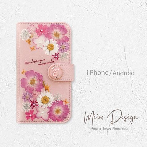 【送料無料】ピンクの花の手帳型スマホケース／イニシャルリング付＊バラ＊全機種対応＊iPhone・アンドロイド【002】