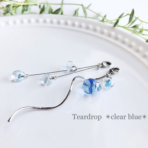 ✴︎clear blue✴︎　夏色ピアスみたいなマスクチャーム　夏　夏ピアス　ブルー　ガラス　ティアドロップ　青