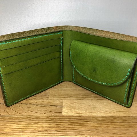 イタリアレザー　グリーン　ヌメ革　二つ折り財布【受注生産】
