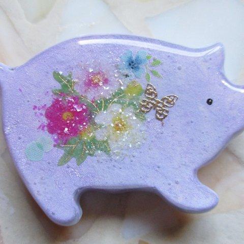 ◇977再販 🌼ライラックラベンダー　ぶたさんとお花のブローチ🐖 ※大サイズ・１点物