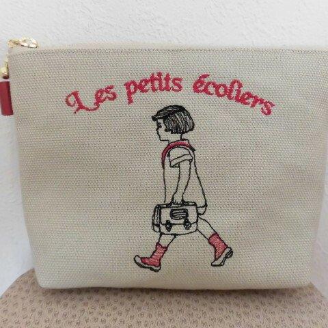 通学のフランスの女の子刺繍の帆布のポーチレッド　16㎝