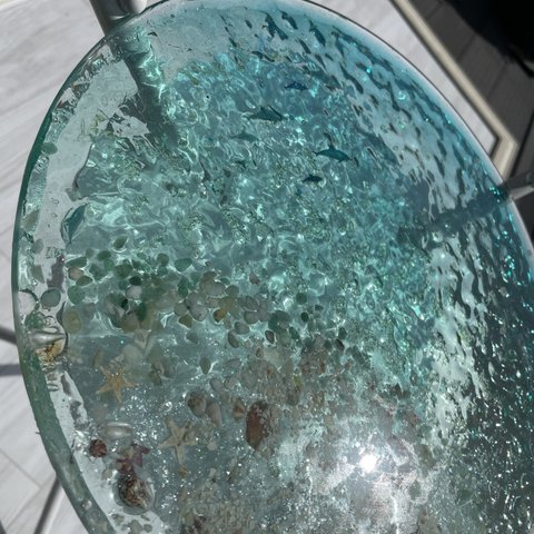 新色　浅瀬のラグーン　エメラルドグリーンの海　ガラスガラスサイドテーブル丸 〜Minamo〜　table  Sea