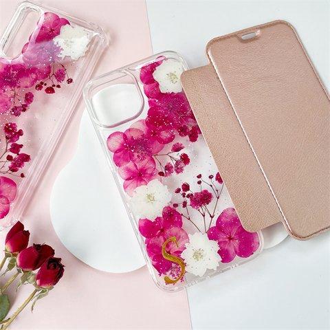 紫陽花&千鳥草押し花スマホケース、全機種対応、手帳型、四隅にショルダーホール、iPhone15、iPhone15Pro、iPhone15plus、iPhone14Pro 、GooglePixel