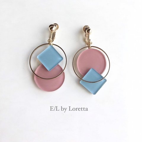 Square × circle color pallet pierce/earring(Light Blue×Pink)