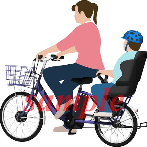 サイクリングする母親と子供「電動自転車」の背景透明イラスト006