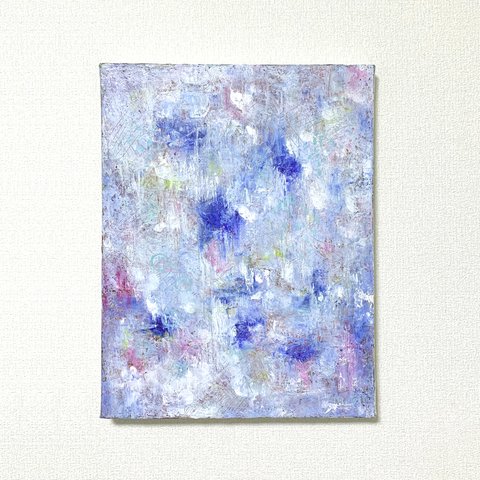 原画 油絵 霧の中の希望 霧とりんごのアート 抽象画  F6号 ブルー×水色 モダンアート