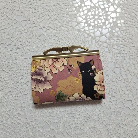 『ミニ財布』和モダン😸黒猫さん♡お花の小さなお財布　小物入れ　ピンク系