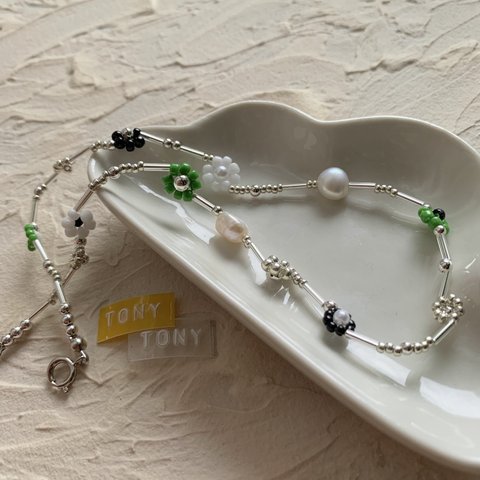 ビーズネックレス　green+bigpearl